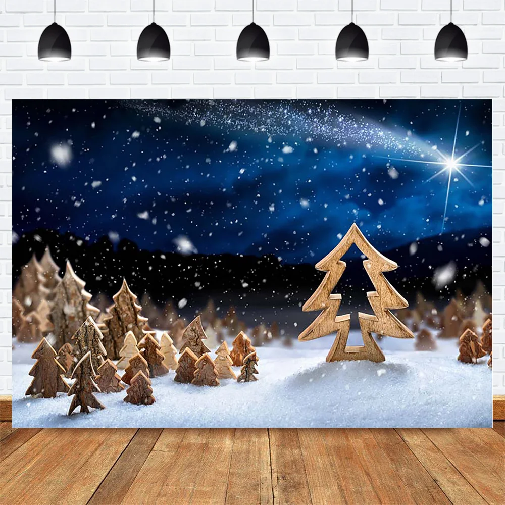 

Winter Starry Sky Backdrop for Photography Bokeh Glitter X-mas Tree Snowflake Background for Photo Studio Night Wooden Toys