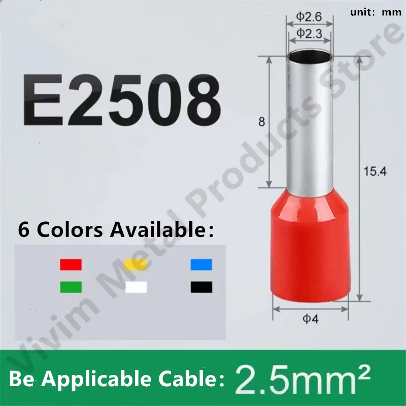 100pcs/Pack E2508 Insulated Ferrules Terminal Block Cord End Wire 14AWG Connector Electrical Crimp Terminator 2.5mm²