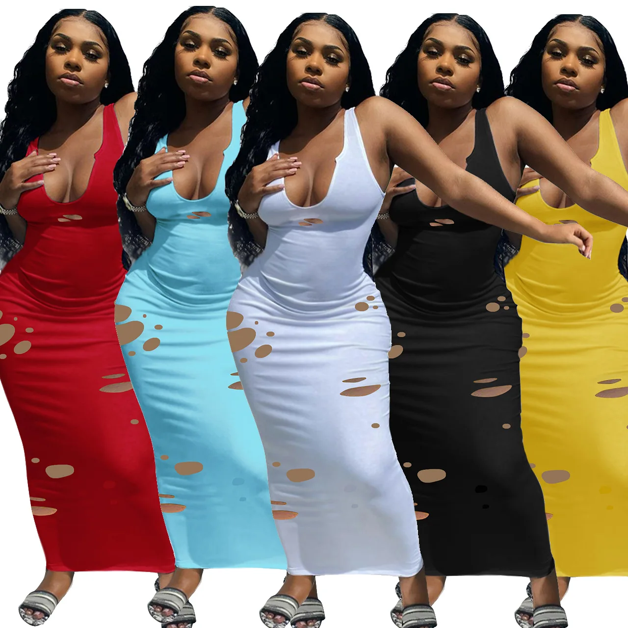 

New Ribbed V Neck Skinny Tank Long Dresses Women Solid Bodycon Fashion Hole Outfits Bodycon Sexy Club Party Maxi Dress