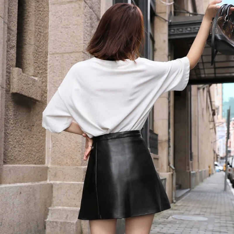 Genuine Womens Leather Sheepskin Mini Skirts Sweet High Waist Wrap A-Line Skirt Autumn Winter Streetwear Bow Black Short Skirts