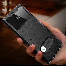 Magnetic 100% Genuine Leather View Window Case for iPhone 16 15 14 13 12 11 Pro MAX XR X Plus Case Wallet Flip Stand Free Answer