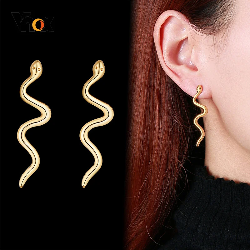 Vnox Chic Snake Shaped Earrings for Women Party Jewelry, Anti Allergy Stainless Steel Dangle Ear Clip Accessories