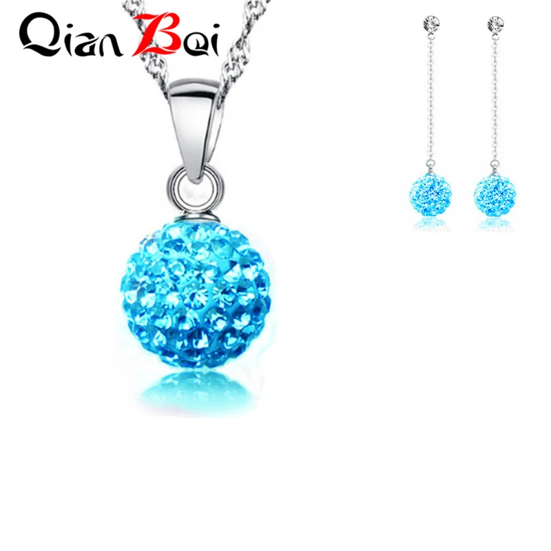 QianBei New Arrival13 Color 10MM Pendant Necklace Earrings Ball Crystal Earring Necklace Set For Women Fashion Jewelry Gifts