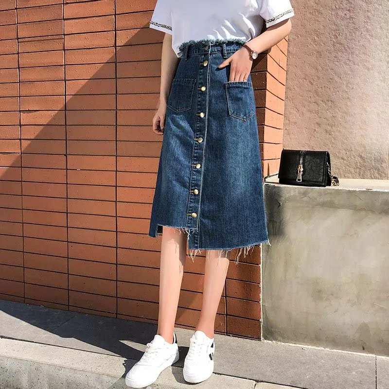 

Plus Size Jean Skirts Women Korean Style High Waist Asymmetrical Denim Skirt Women Vintage Single-breasted Cowboy Midi Skirt