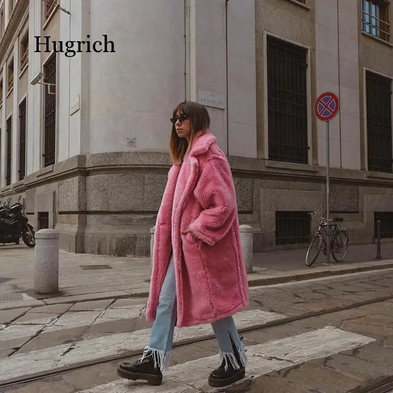 Pink Long Teddy Bear Women Winter 2020 Thick Warm Oversized Chunky Outerwear Overcoat Women Faux Lambswool Fur Coats