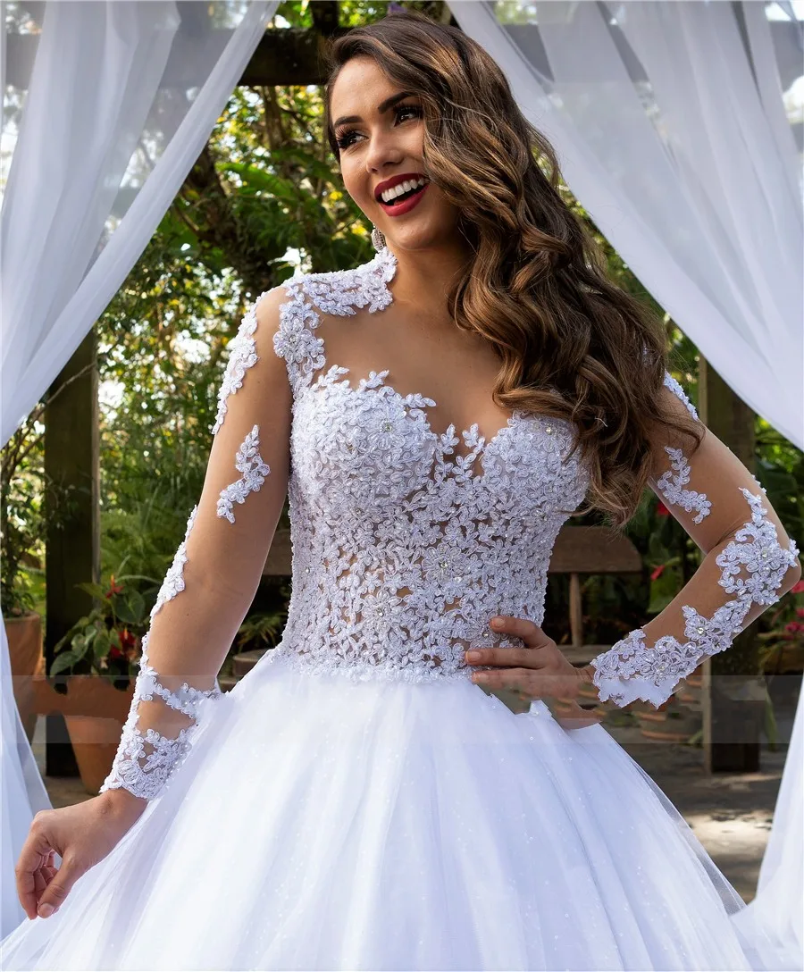 Abito da sposa a maniche lunghe bianco puro a maniche lunghe trasparente con abito da sposa con cristalli treno cappella VESTIDO DE NOIVA