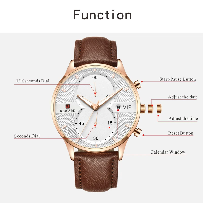 REWARD Brand Men Watch Chronograph Fashion Sport Quartz Wrist Watch Men Casual Leather Waterproof Watches Relogio Masculino