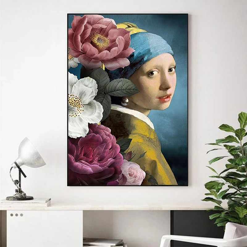 Funny Wall Art Oil Painting Pearl Earrings Girl and Milkmaid Canvas Paniting Figure  Posters and prints Modern Home Decor