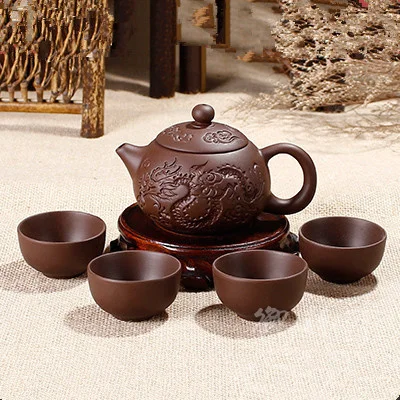 Clay Kung Fu Bule 150 Ml Yixing Zisha Bule Chinese Porcelain Tea + 4 Copies Kung Fu Cup Handmade Tea Dragon Ceramic Kettle