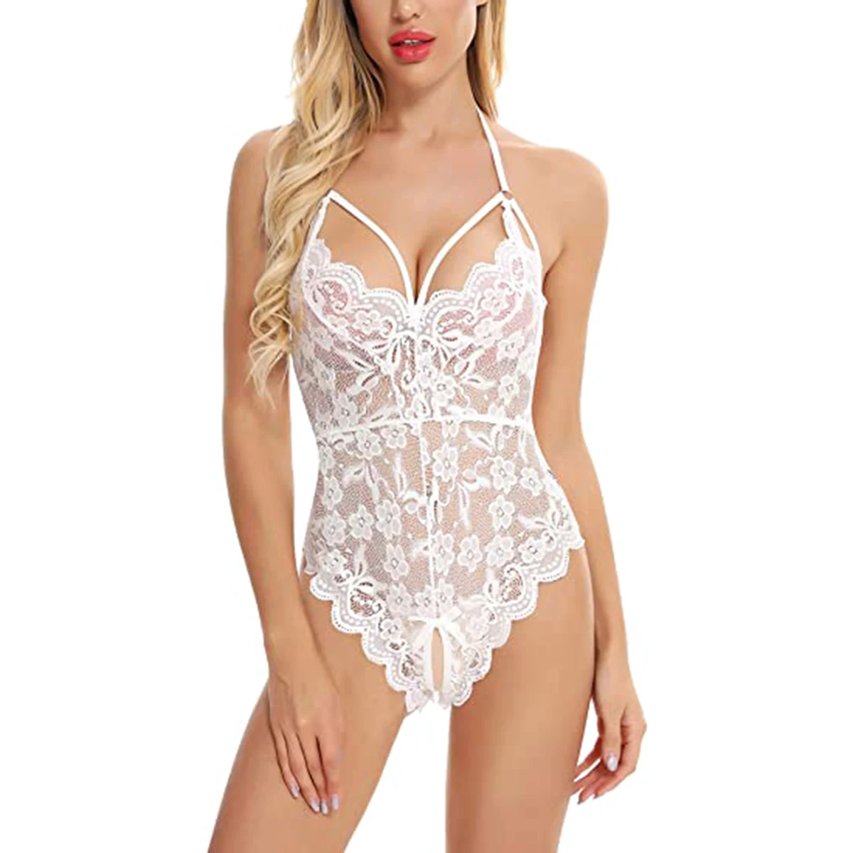 3 Colors Ladies New  Sexy Underwear Solid Color V-Neck Halter Halter Neck Open Crotch Close-Fitting Home Jumpsuit Pajamas