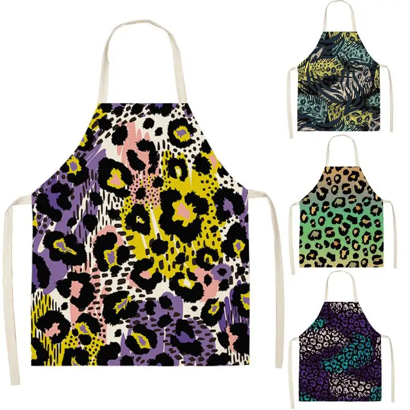 Women Leopard Kitchen Aprons for Women Men Cotton Linen Apron Home Cooking Baking Waist Bib Pinafore Cleaning Tools WQ86