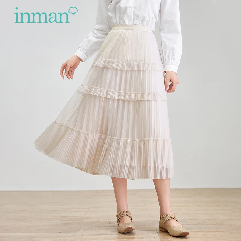 

INMAN Women's Tiered Skirt Spring Autumn Elegant Literary Pleated Light Beige A-line Female Bottoms