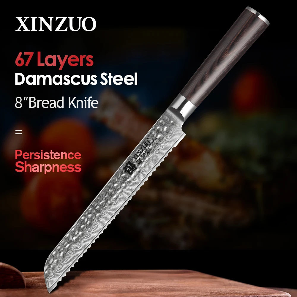 

XINZUO 8" Inch Bread Knife 67 Layers Damascus Steel Kitchen Knife New Japanese Style VG10 Core Cake Knives with Pakkawood Handle