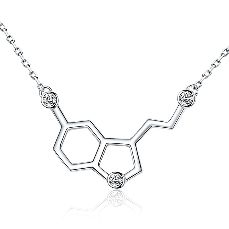 Xiaojing 925 Sterling Silver Chemical Molecule Serotonin Pendant Necklaces Clear Zircon Jewelry Valentine\'s Day Gifts Free Ship