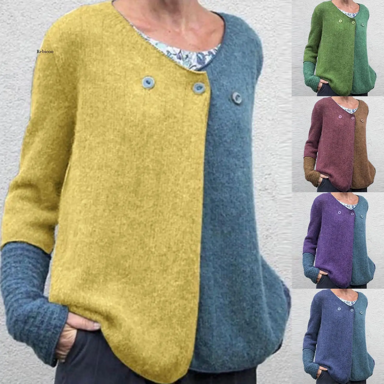 Woman Sweaters o Neck Button Paneled Patchwork Long Sleeve Knit Undefined Casual Sweaters  Top