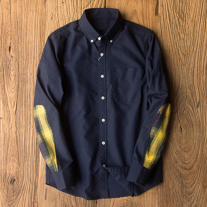 190907 Chic Patch Oxford Shirt Business Casual Gentleman Office Daily Long Sleeve Lapel Trendy Japan Style Men Blouse Tops New
