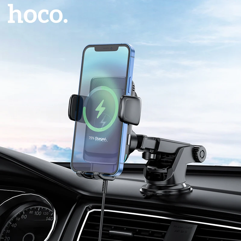 HOCO Wireless Car Charger 15W Qi Fast Charging Auto Align and Auto Clamp Phone Charger Dashboard Air Vent Windshield Holder