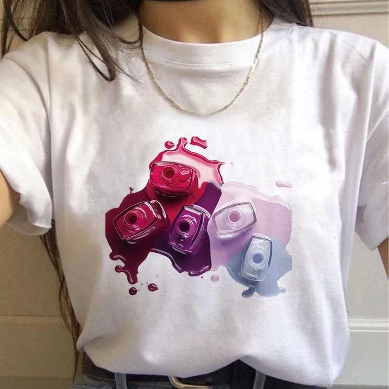 2025 Summer Women T-Shirt Nail Polish Printed Tshirts Femme Casual Tops Tee Harajuku 90s Vintage White Tshirt Female Clothing