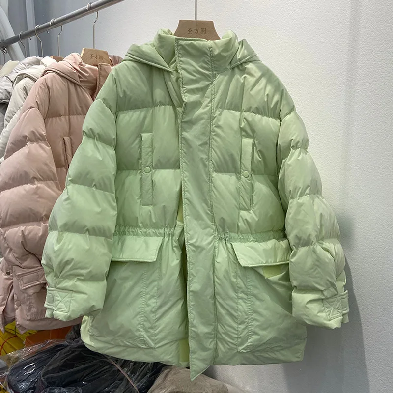 

2021 New Wiinter Women's Solid Color Hooded Collar Long Sleeve Zipper Casual All Match Chic White Duck Down Jacket For Fashion