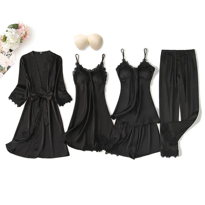 Women Satin Sleepwear 5Pcs Suit Autumn Lace Trim Pajama Pyjama Set Summer New Nightwear Casual Home Wear Lingerie Suit