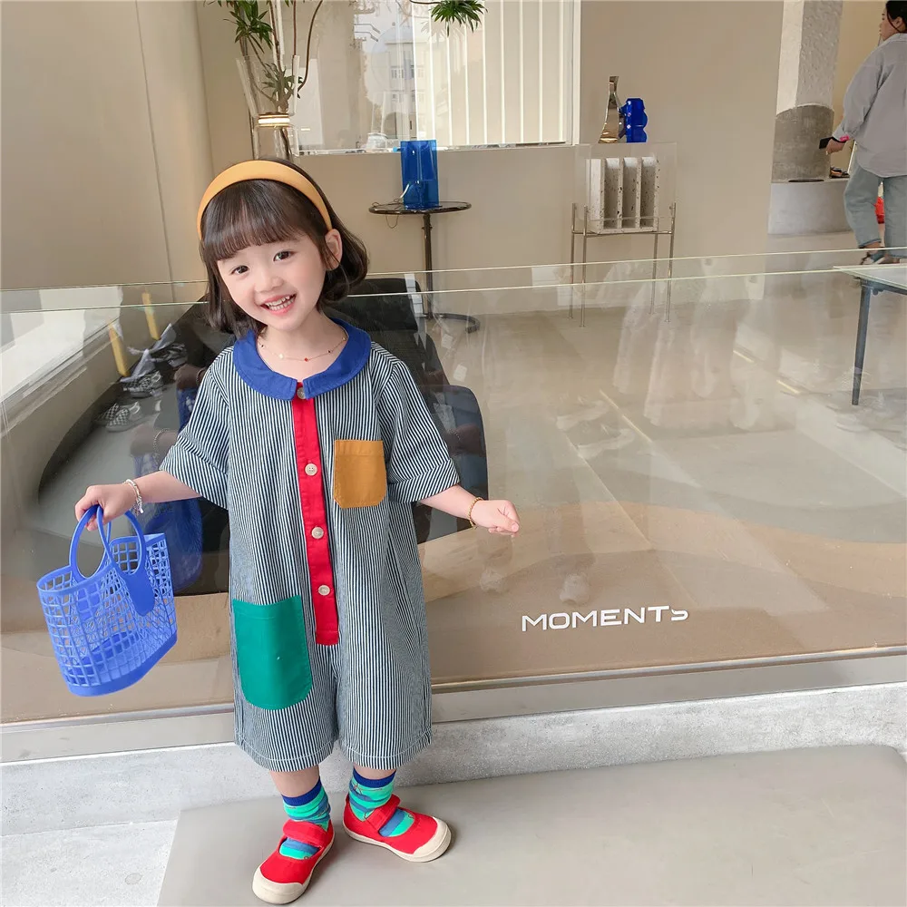 New Girls'and boys' jumpsuit wave Blue stripes contrast cute summer pants new children's clothing baby girl clothes