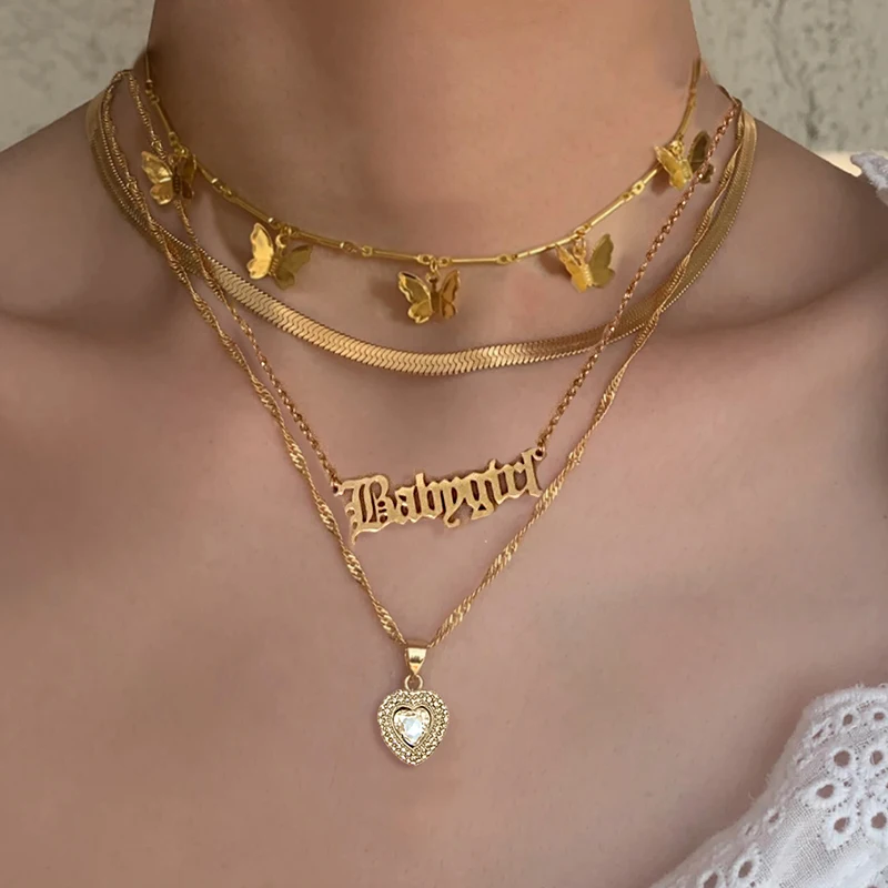 4Pcs Gold Color Multilayer Necklace Jewelry Butterfly Letter Crystal Heart Pendants Choker Chain Trendy Boho New Necklace Gifts