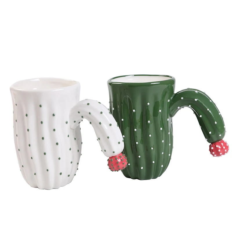 Christmas Gift Handmade Cactus-shaped Ceramic Massage Coffee Cup Large Size Coffee Mug (Green,White)