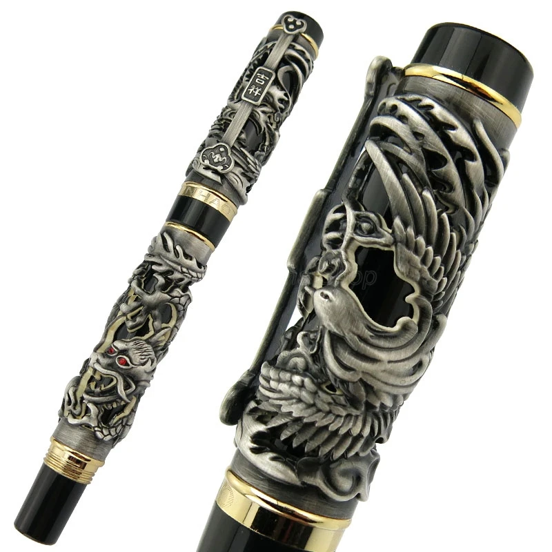 Jinhao Dragon Phoenix Design Rollerball Pen, Metal Carving Embossing Heavy Pen, Noble Gray & Black For Office & School & Home