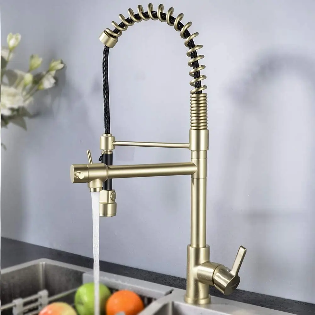 

High Quality Brass Pre-Rinse Kitchen Faucet High Arc Kitchen Sink Faucet Pull Down Spring Spout and Pot Filler, Brushed Gold