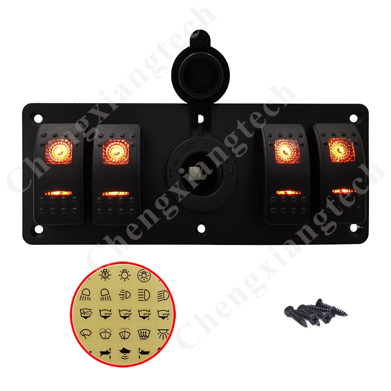 4 Gang Rocker Switch Panel Orange Led On/Off SPST + 12V Car Boat Cigarette Lighter Power Charger Socket Switch Panel + Stickers