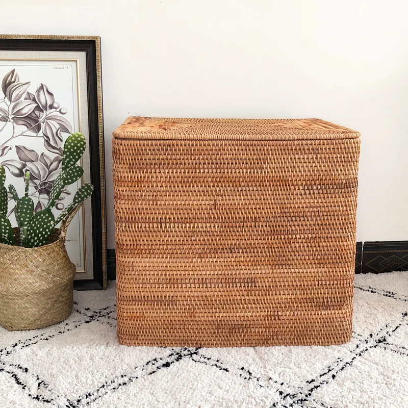 Woven Laundry Basket Hand-Woven Rattan Large Clothing Sundry Books with Cover Primary Color Storage Basket Home Supplies