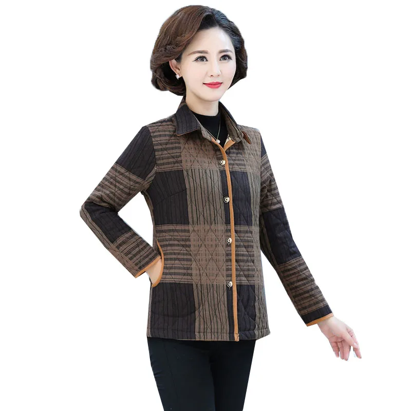 

Spring Autumn Middle-Aged Elderly Mothers Thin Cotton Jacket Lapel Single-Breasted Lady Blouse Winter All-Match Women's Top