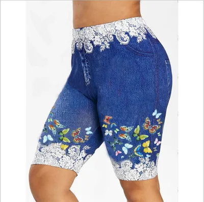 Fake denim yoga shorts para mulheres, leggings estampados florais, cintura alta, calças curtas femininas, verão feminino