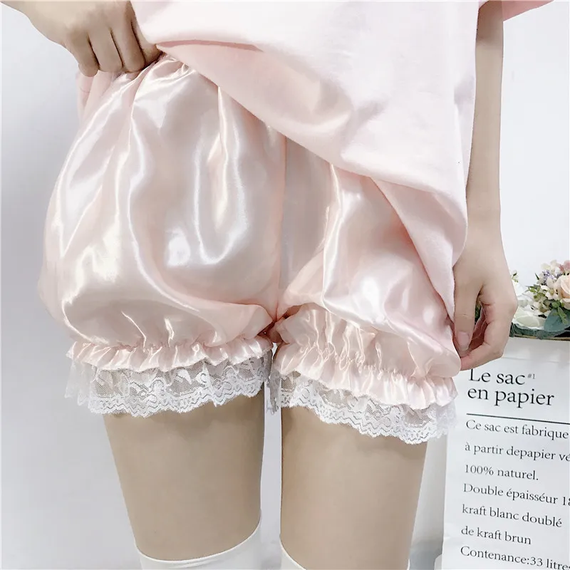 Women Elastic Waist Lace Safety Short Pants Lolita Satin Loose Safety Shorts Bottoming Culottes Basic Panties Scanties Underwear