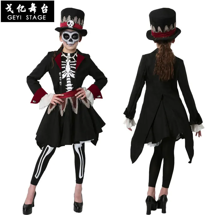 Halloween Purim Party Costume Girl Kids Scary Monster Demon Skull Skeleton Humanoid Costumes Voodoo Skull Dress Up for Girl