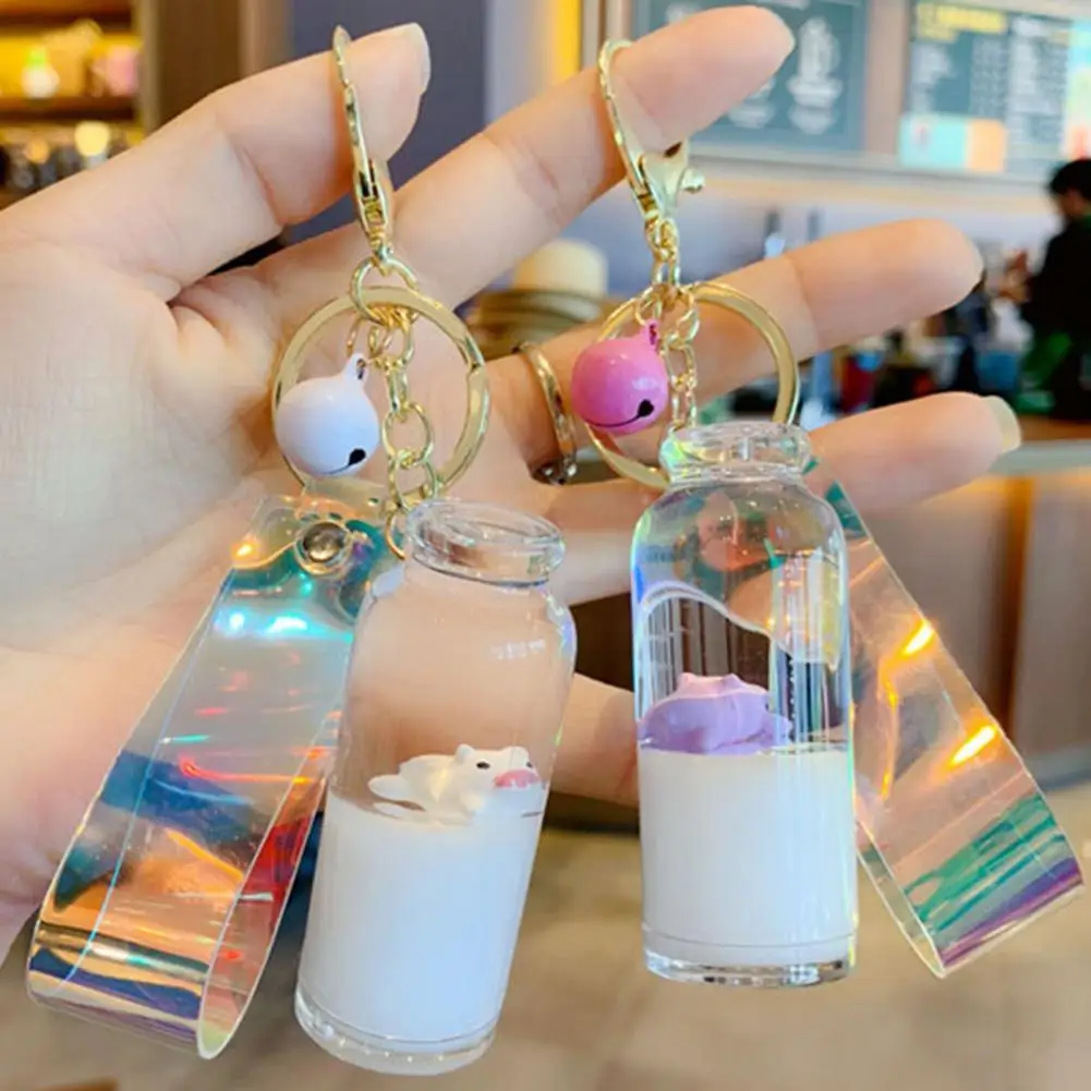 Floating Milk Pig Key Chain Drift Bottle Glass Holographic Lanyard Bell Key Pendant Decoration