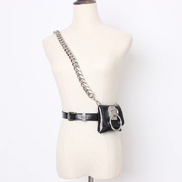 2020 Brand Design Wide Chain Mini Fanny Packs Black Pu Leather Waist belt With Coin Bag Punk Street Ring Waist Packs Chest Bag