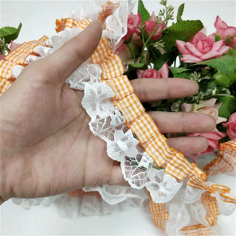 Trend Double Mesh Embroidered Orange Plaid Wrinkle Lace Ribbon Doll Baby Tutu Make Clothes Neckline Cuffs Puff Trim Accessories