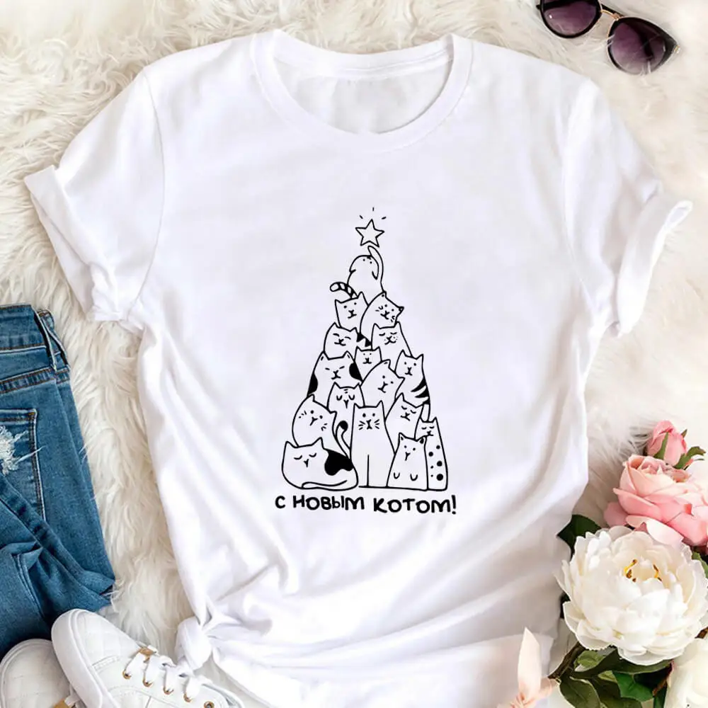 

With A New Cat Cute Cats And Russian Cyrillic 100%Cotton Printed Women T Shirt Cat Lover Funny Summer O-Neck Short Sleeve Tops