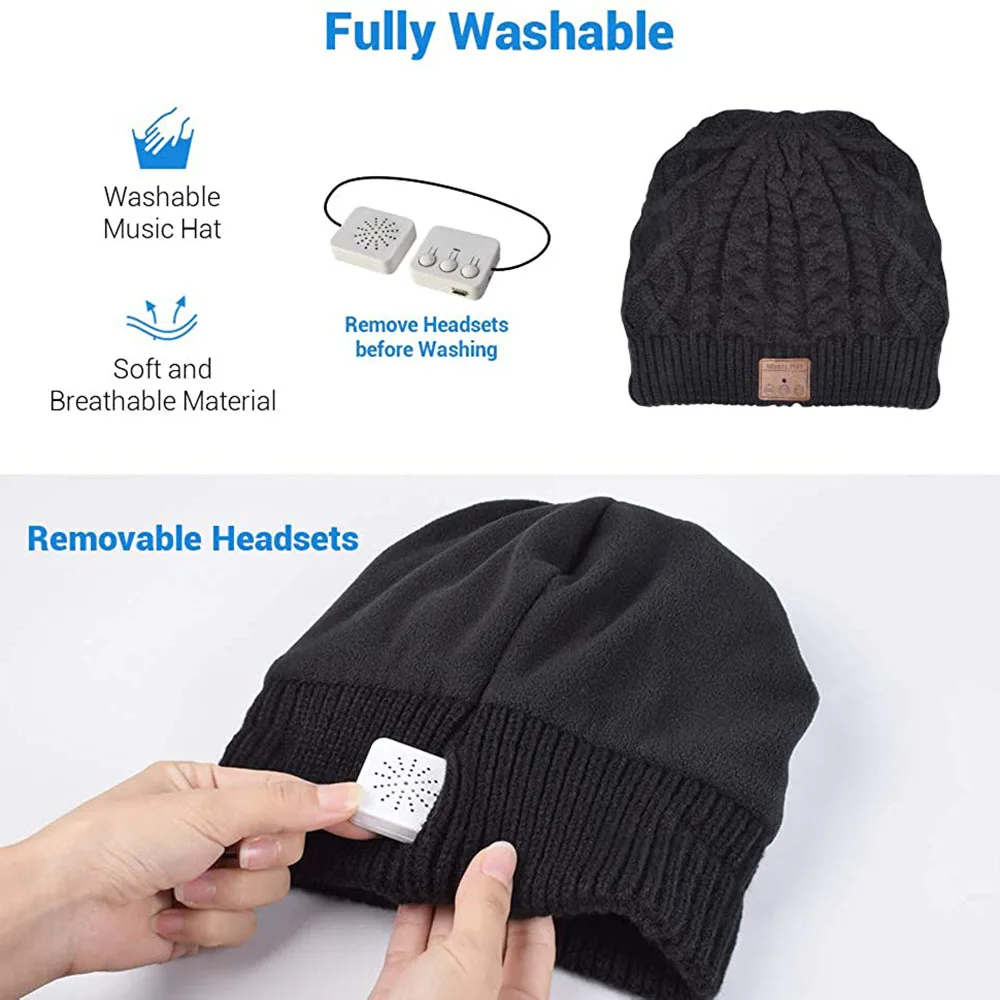 Gorro con Bluetooth 5,0 inalámbrico para hombre y mujer, gorro de invierno, altavoces estéreo HD desmontables integrados