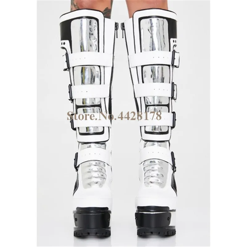 2024 New Women Chunky Heels Motorcycle Knee High Boots Winter Patchwork Buckle Strap Platform Boots High Heel Gothic Shoes Woman