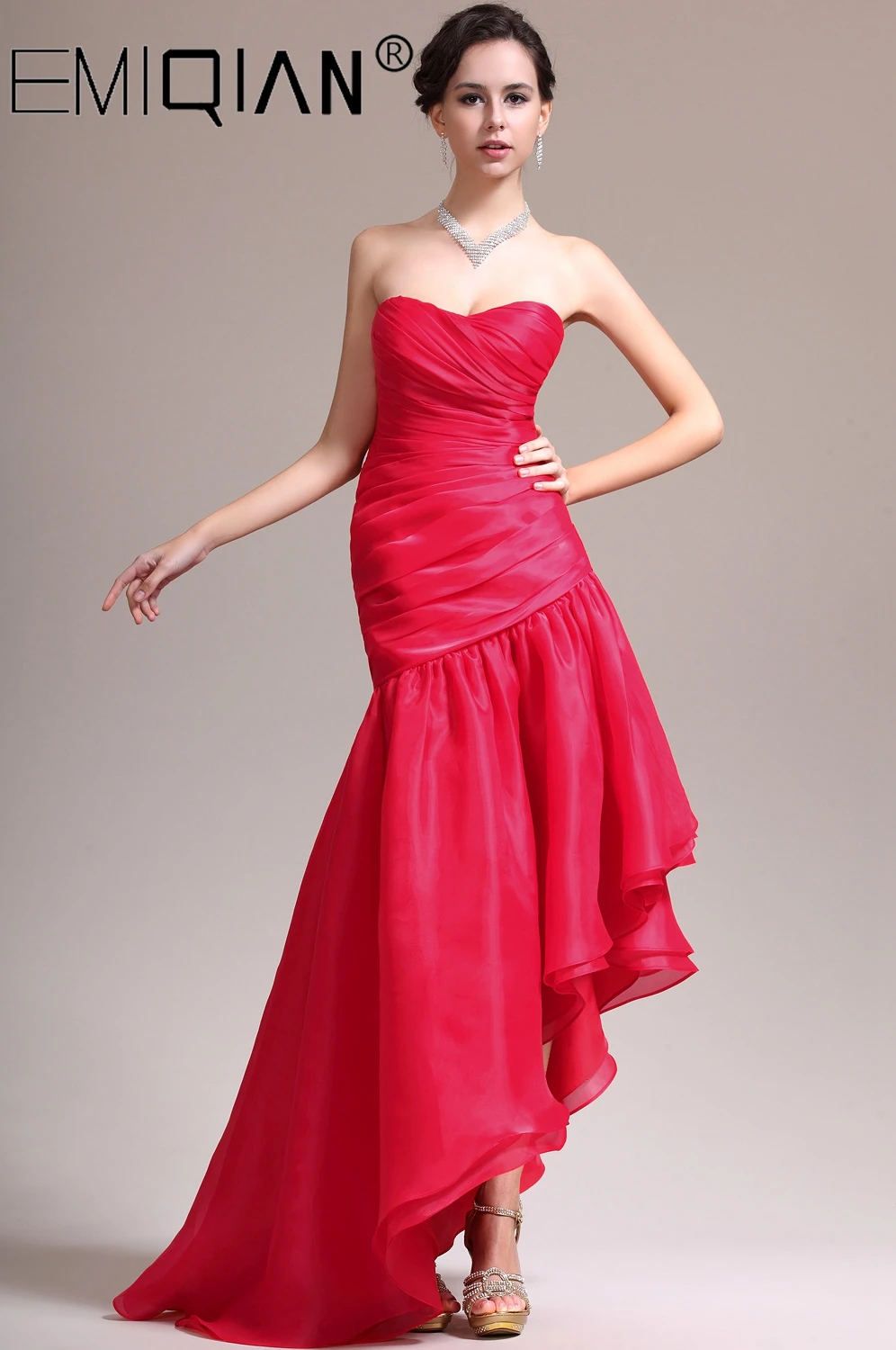 

Strapless Asymmetrical Skirt Evening Gowns Hi-lo Red Organza Evening Dress vestido de noiva