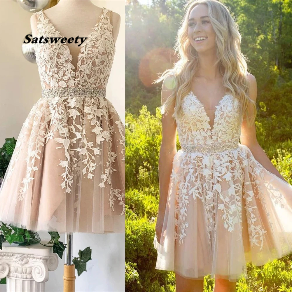 Vestidos De Cóctel Ngắn Homecoming Áo V Một Đường Ren Appliques Đầm Vestido Curto Tinh Thể Tiệc Cocktail Áo Hở Lưng