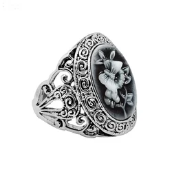 Gray Butterfly Plant Cameo Rings For Women Antique Silver Plated Fashion Hollow Flower Branches Cameo Ring
