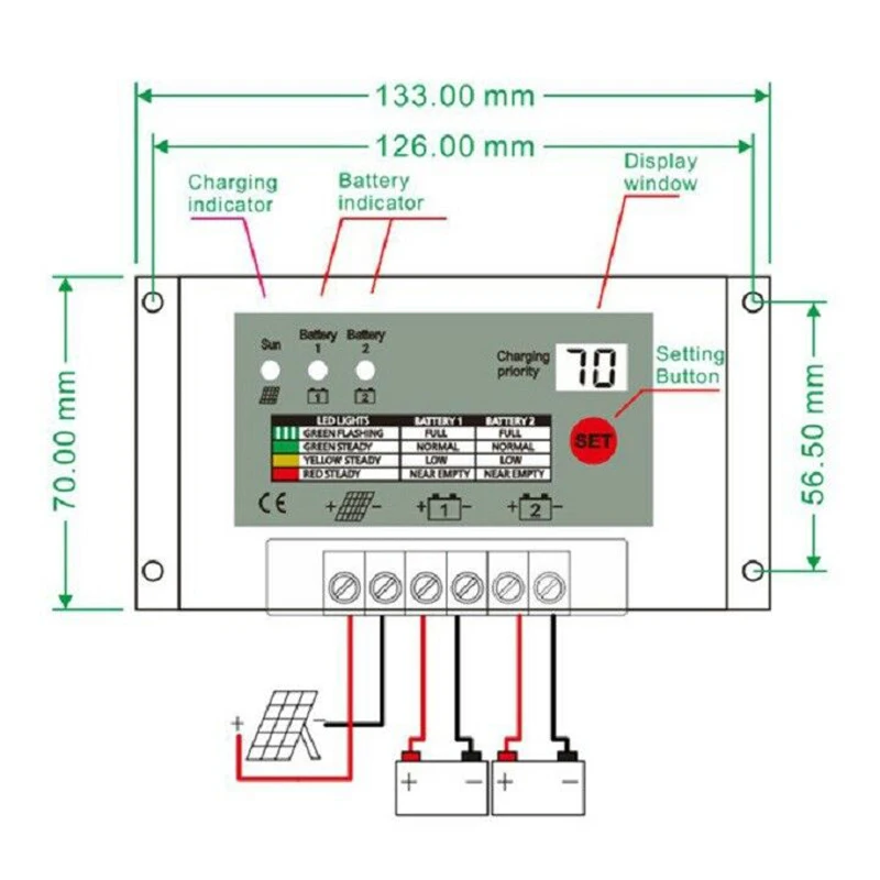 10A Dual Battery Solar Charge Controller / Regulator for 12V or 24V Batteries Solar Charge Regulator