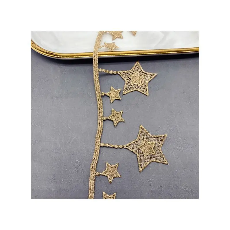 3 jardas bordado dourado unilateral estrela borla tecido de renda para roupas suprimentos de costura diy vestido travesseiros acessórios de vestuário