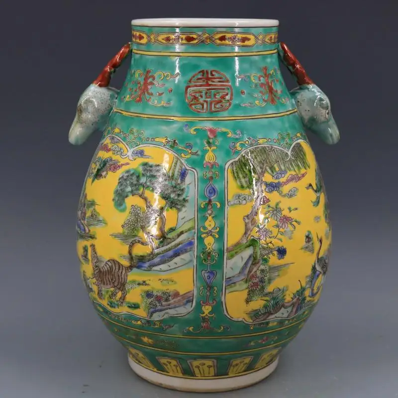 Qing Dynasty Kangxi green glaze pastel green Zodiac deer head shaped vase big vases antique home decoration porcelain antique