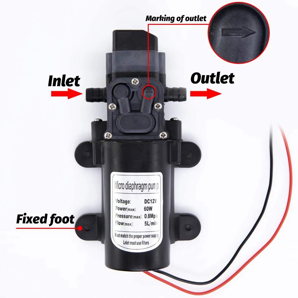 DC12V 60W Micro Elektrische Membran Wasserpumpe Automatische Schalter 5L/min Hochdruck für Auto Waschen Spray 0,8 mpa 5L/min