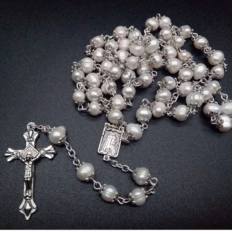 Religious Natural Freshwater Pearl Rosary High Quality Curved Needle Cross Necklace Catholic And Can Be Given As Gift Can Prayer