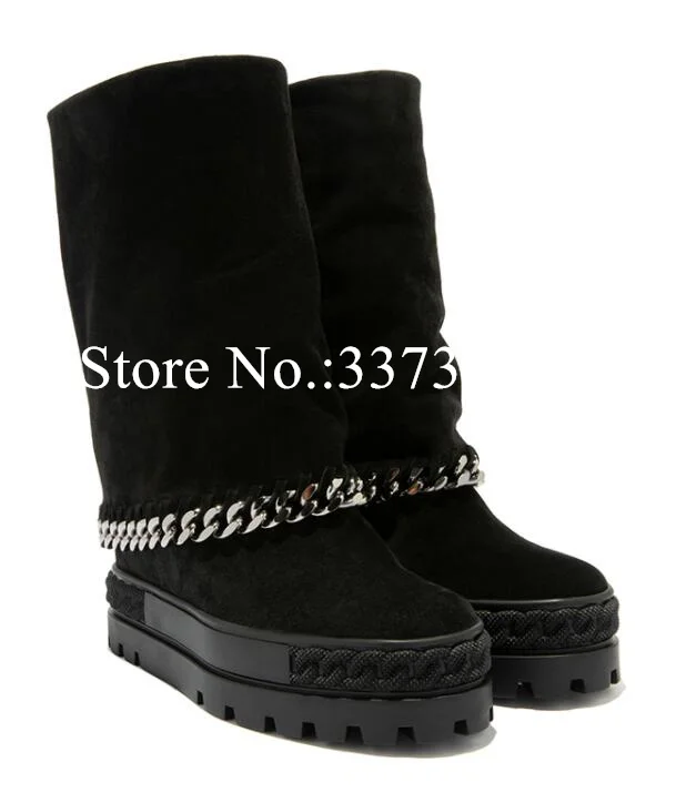 

New Chains Lady 8cm Heel Platform Short Boots Fashion Woman Increasing Heel Wedge Boots Sexy Female Casual Mid-calf Boots